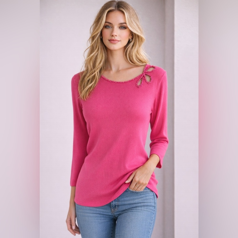 Ian Louis Paris Womens Medium Pink Beaded Neckline 3/4 Sleeve Top